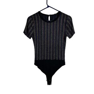 NEW Forever 21 Black Rainbow Multi Short Sleeve Bodysuit Large (Juniors)